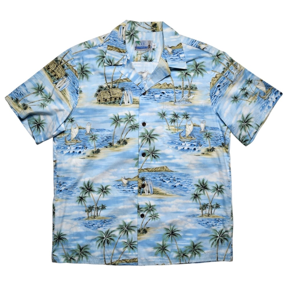 RJC Men's L Hawaiian Shirt 102C Cotton Aloha Tropical/Huts/Surf Made in USA NWOT